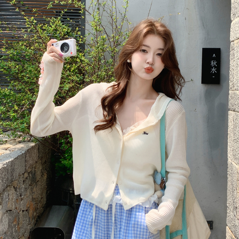 白色连帽针织开衫女外穿外套上衣