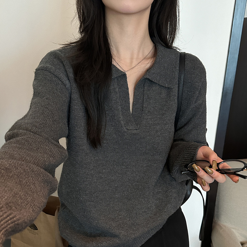 灰色韩系POLO领针织衫毛衣外套女