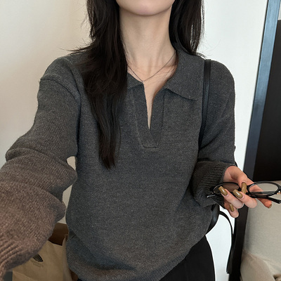 灰色韩系POLO领针织衫毛衣外套女