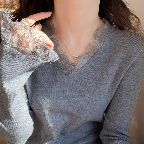 纯色百搭蕾丝v领针织衫女