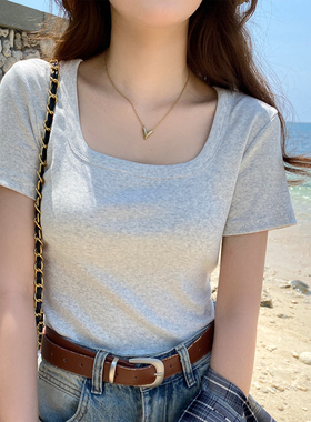 灰色方领正肩短袖t恤女装2026春夏款高级感大领口修身显瘦上衣