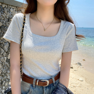 灰色方领正肩短袖t恤女装2026春夏款高级感大领口修身显瘦上衣