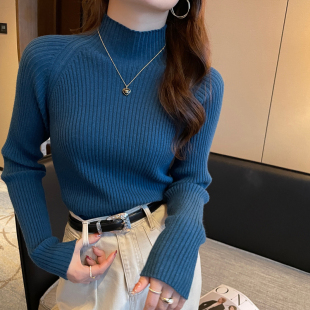 修身 2026新款 中领针织毛衣春秋蓝色上衣 女内搭春秋季 半高领打底衫