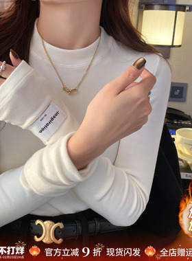 白色小立领磨毛打底衫女内搭高级感2025冬新款半高领T恤加绒上衣