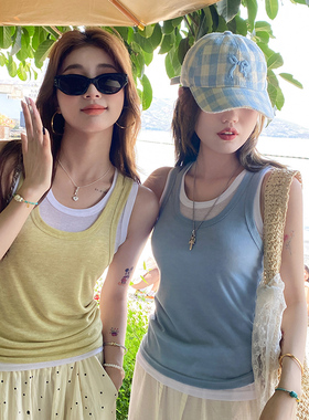 龙妹家蓝色假两件宽松吊带背心女内搭2025夏新款黄色打底外穿上衣