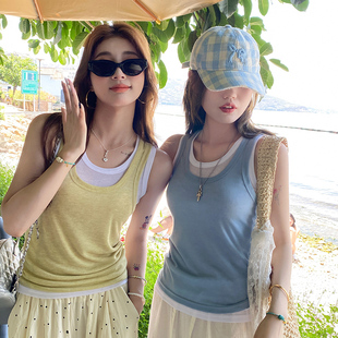 龙妹家蓝色假两件宽松吊带背心女内搭2025夏新款黄色打底外穿上衣