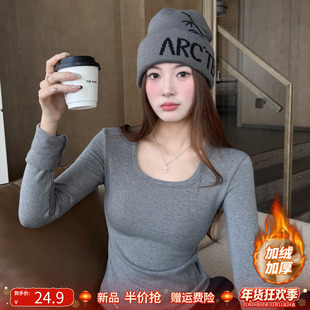 龙妹家灰色低领加绒加厚打底衫女内搭2025冬新款保暖长袖T恤上衣