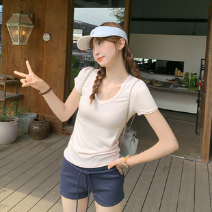 修身 龙妹家浅粉色U领正肩短袖 纯欲韩版 T恤女2025夏季 显瘦上衣 新款