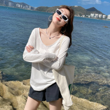 白色V领竹节棉防晒长袖T恤女2025夏季新款薄罩衫冰丝棉麻宽松上衣