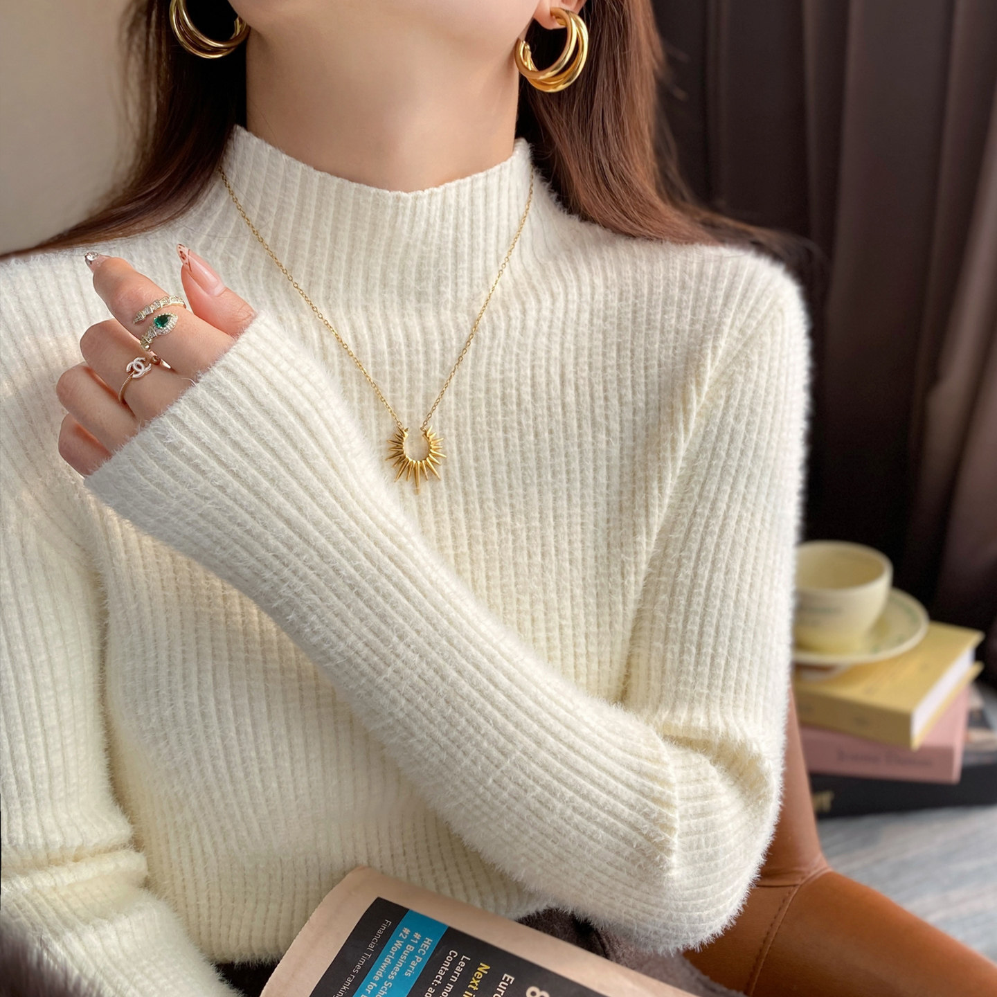 龙妹杏色半高领加绒加厚毛衣女内搭打底衫2025冬新款绝美针织上衣,女装/女士精品,毛衣,淘宝优惠券,粉丝福利购,淘宝优惠卷