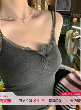 灰色蕾丝美背吊带女2026春秋新款带胸垫磨毛保暖背心内搭打底上衣