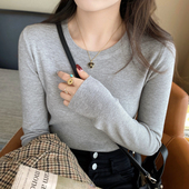 上衣 显瘦低领毛衣长袖 灰色圆领针织打底衫 女内搭2026早秋穿搭修身