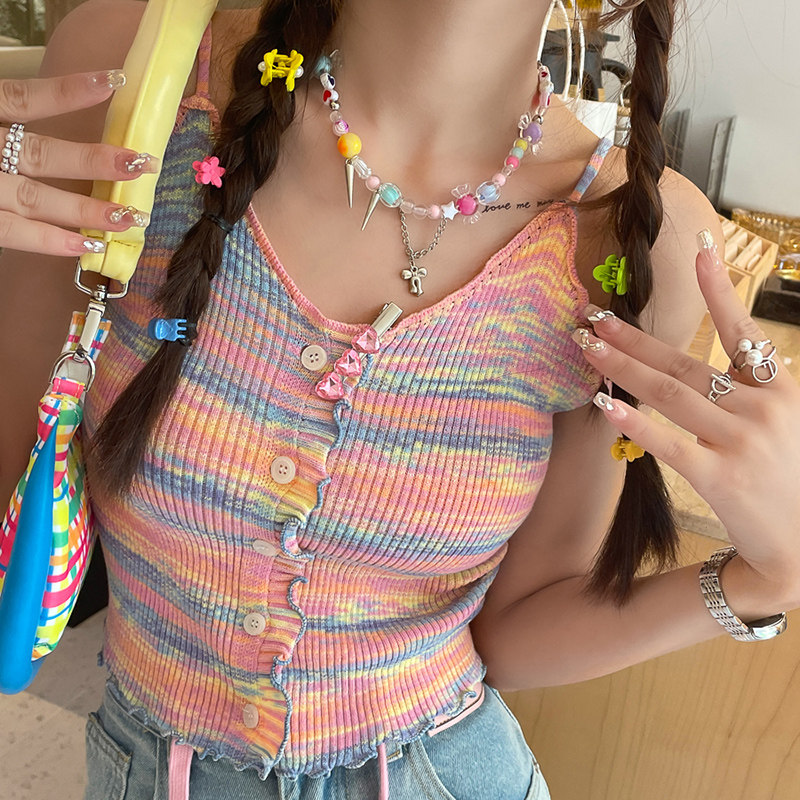 多巴胺彩虹条纹吊带背心女
