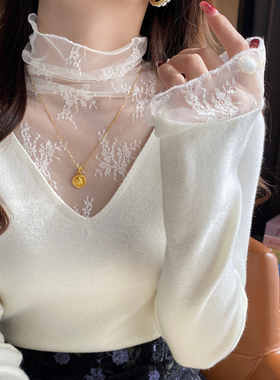 白色V领假两件蕾丝打底衫女内搭2025秋季新款设计感毛衣针织上衣