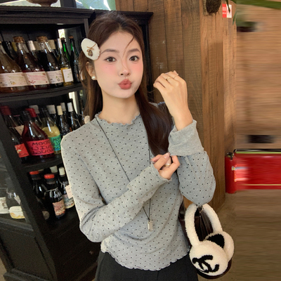秋冬木耳边波点加绒打底衫女内搭