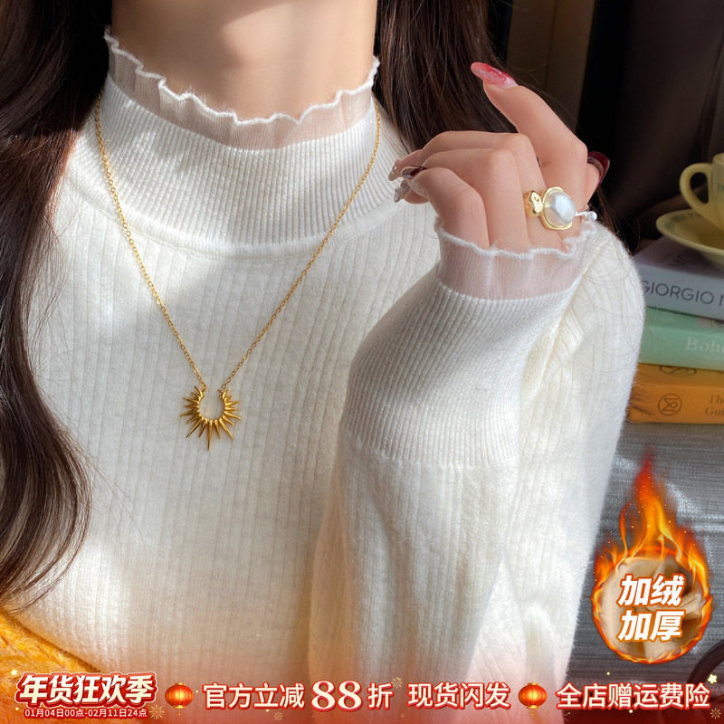 加绒加厚蕾丝半高领打底衫女秋冬2025新款高级感毛衣内搭白色上衣,女装/女士精品,毛针织衫,淘宝优惠券,粉丝福利购,淘宝优惠卷