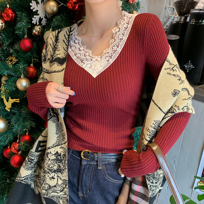 V领蕾丝针织衫女修身打底