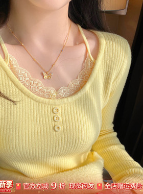 黄色蕾丝圆领打底衫女2025秋冬季新款加绒加厚毛衣内搭针织衫上衣