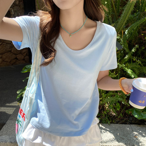 夏日清爽蓝色短袖T恤女宽松百搭