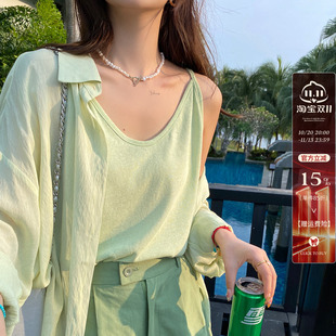 薄荷浅绿色棉麻吊带小背心女内搭2026秋大码宽松冰丝外穿打底上衣