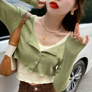 纯欲显瘦内搭背心吊带辣妹短款 t恤女春季 上衣两件套 长袖 2022新款