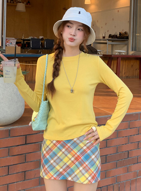 龙妹家黄色圆领长袖T恤女外穿内搭2026新款春夏修身好看打底上衣