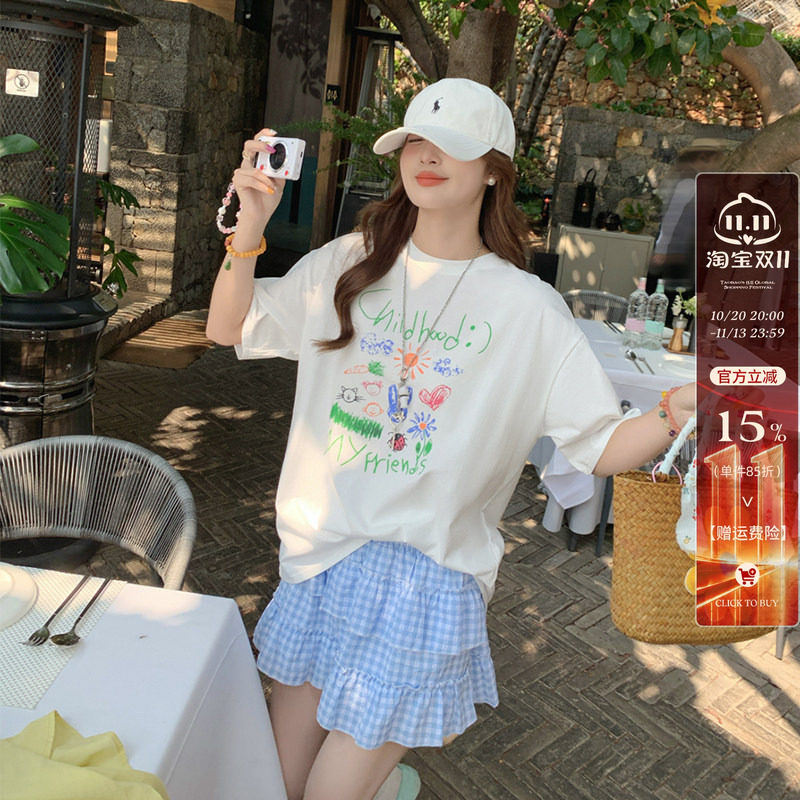 龙妹家白色印花短袖T恤女2026夏秋款大码宽松超好看独特漂亮上衣
