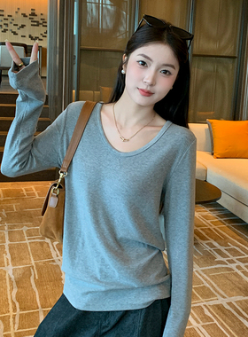 灰色V领长袖上衣女内搭2025新款秋冬T恤慵懒松弛感宽松白色打底衫