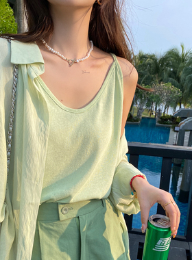 薄荷浅绿色棉麻吊带小背心女内搭2026夏大码宽松冰丝外穿打底上衣