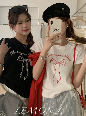 红色蝴蝶结短袖T恤女装设计感小众2025新款白黑色夏正肩漂亮上衣
