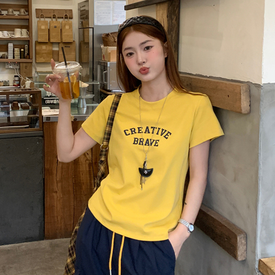 美式复古黄色印花正肩短袖T恤女