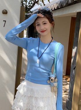 蓝色长袖T恤女装内搭2026春装新款高级感打底衫修身短款正肩上衣
