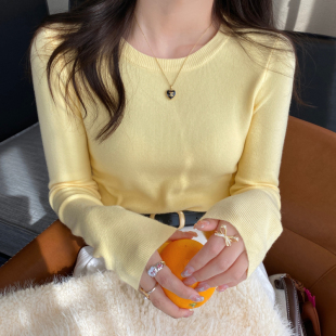 高级感毛衣修身 2025年新款 打底上衣 女内搭早秋爆款 黄色圆领针织衫