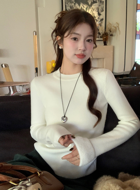 龙妹家白色加绒加厚毛衣打底衫女装内搭2025新款爆款秋冬针织上衣