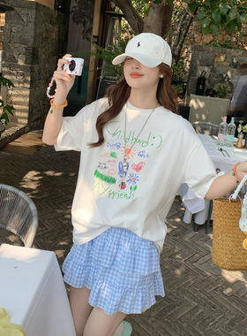 龙妹家白色印花短袖T恤女2026春夏款大码宽松超好看独特漂亮上衣