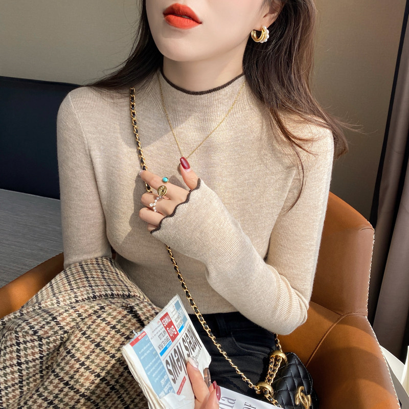 修身针织半高领木耳边打底衫女内搭2025早秋新款长袖上衣秋冬毛衣,女装/女士精品,毛针织衫,淘宝优惠券,粉丝福利购,淘宝优惠卷