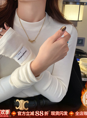 白色小立领磨毛打底衫女内搭高级感2025冬新款半高领T恤加绒上衣
