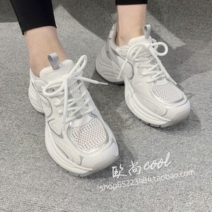 网面运动鞋2024欧洲站春夏新品真皮镂空面设计拼色绑带粗跟老爹鞋