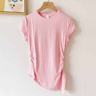 Modal-Silk 女士速干不对称下摆运动短袖T恤褶皱不规则瑜伽服上衣