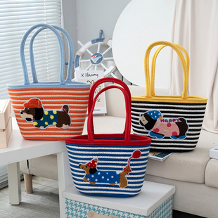 腊肠狗菜篮子手提包上班通勤带饭包时尚撞色棉线水桶包编织沙滩包