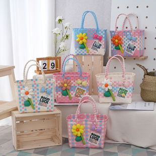 手工彩色编织包礼品篮子手提包购物袋女卡通包单肩托特包伴手礼