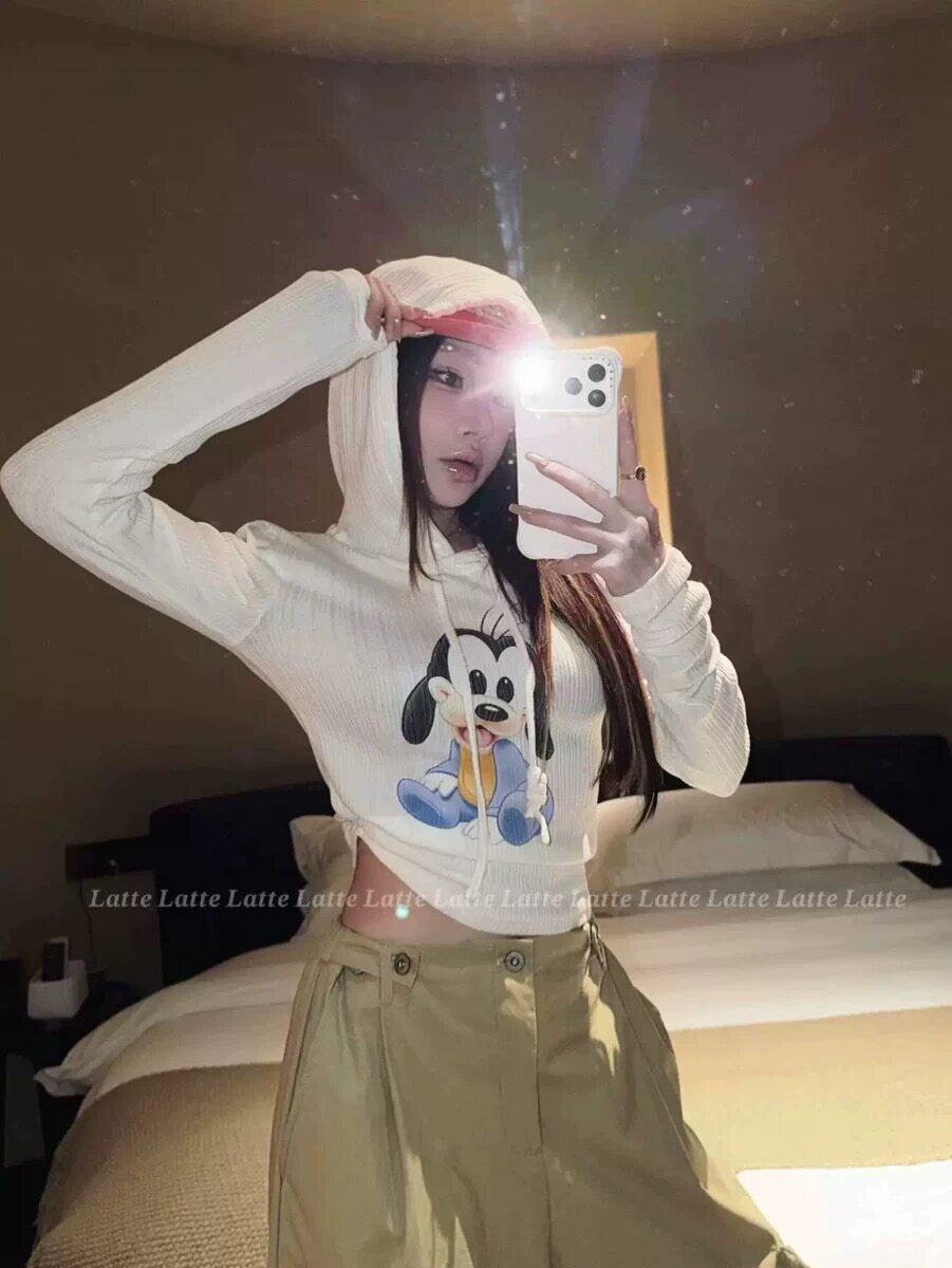 LATTE正版秋季新款 卡通图案白色连帽修身长袖打底T恤女
