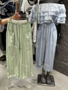 LATTE正版夏季新款 薄款竖条纹可收脚休闲裤女