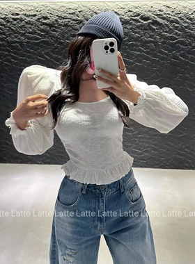 LATTE正版秋季新款 泡泡袖洋气紧身弹力长袖T恤女