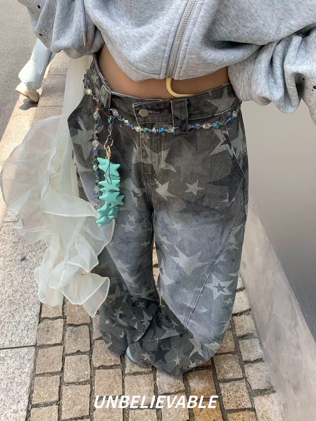 Unbelievable正品早秋新款 五角星洋气宽松牛仔裤女 辣妹博主风