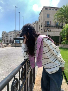 BELLATAG正版秋季新款 百搭洋气宽松条纹长袖T恤女