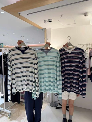 BELLATAG正版夏季新款 颜色很洋气的条纹宽松长袖T恤女