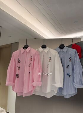 东ROOM正版春夏新款 蓝色条纹可爱图案垫肩宽松衬衫女