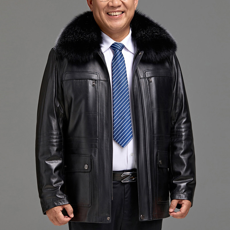 冬装海宁头层绵羊皮中老年真皮皮衣男装皮草中长款加厚外套爸爸装