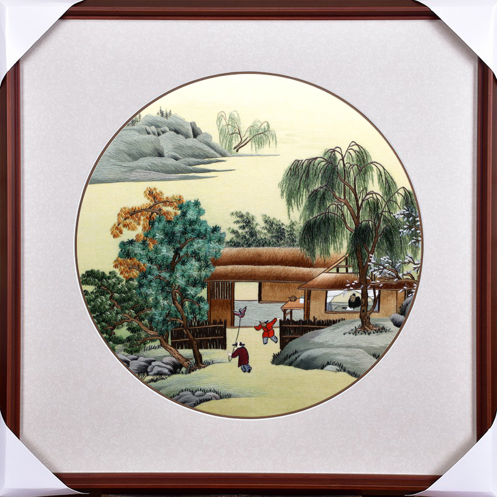 苏绣纯手工刺绣成品客厅卧室玄关装饰挂画 圆形山水风景欧式风格图片